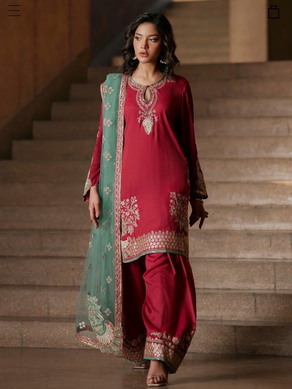 Women's Red Embroidered Salwar Tunic with Gold Accents